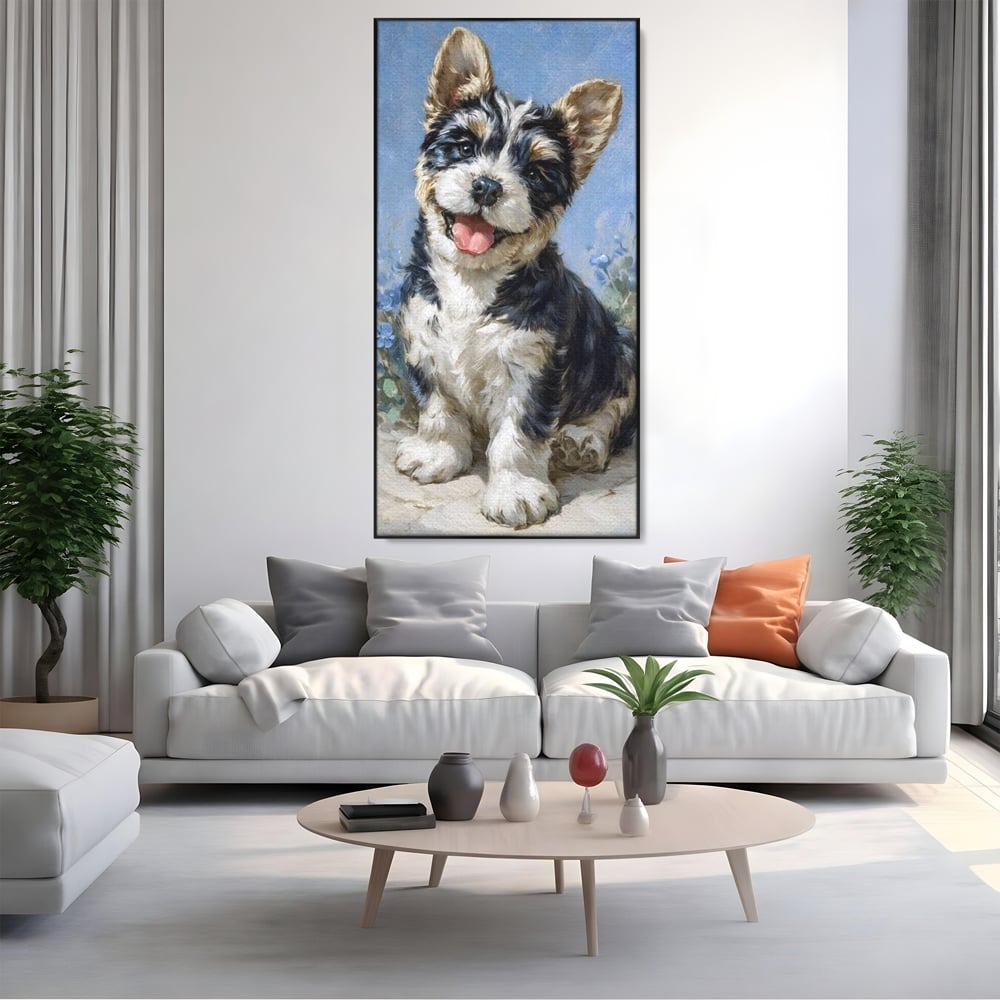 Tablou Canvas Premium, LuxCanva® M1276, Invitatie la Joaca, Zambet, Bucurie, Blanita, Prieten, Cuminte, Privire, Pictura, Flori, Catelus, Joaca, Birou, Living, Camera Copil