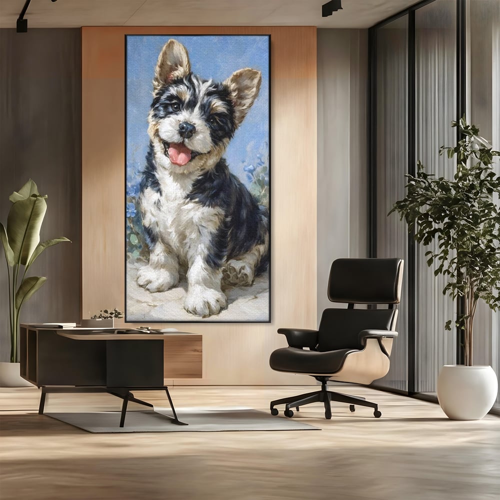 Tablou Canvas Premium, LuxCanva® M1276, Invitatie la Joaca, Zambet, Bucurie, Blanita, Prieten, Cuminte, Privire, Pictura, Flori, Catelus, Joaca, Birou, Living, Camera Copil