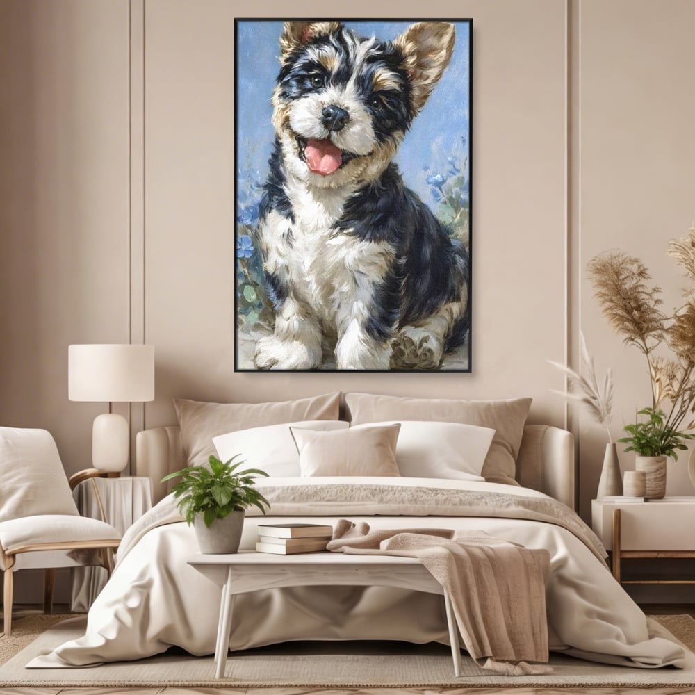 Tablou Canvas Premium, LuxCanva® M1276, Invitatie la Joaca, Zambet, Bucurie, Blanita, Prieten, Cuminte, Privire, Pictura, Flori, Catelus, Joaca, Birou, Living, Camera Copil