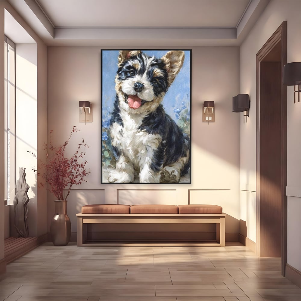 Tablou Canvas Premium, LuxCanva® M1276, Invitatie la Joaca, Zambet, Bucurie, Blanita, Prieten, Cuminte, Privire, Pictura, Flori, Catelus, Joaca, Birou, Living, Camera Copil
