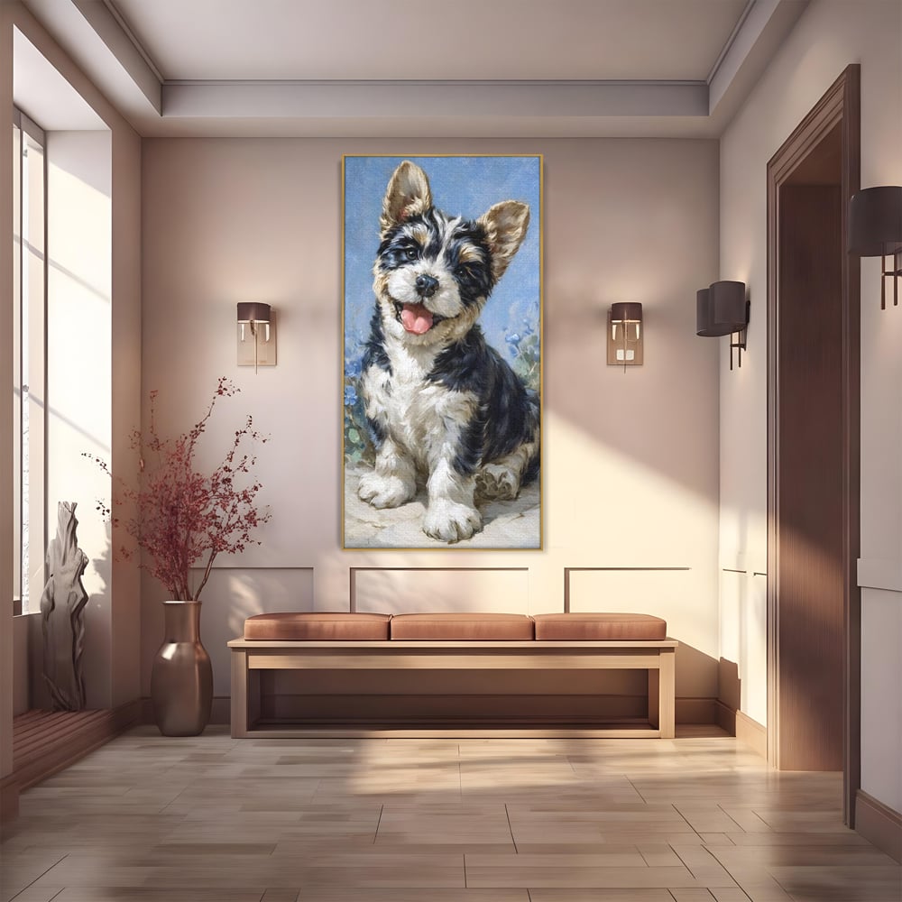 Tablou Canvas Premium, LuxCanva® M1276, Invitatie la Joaca, Zambet, Bucurie, Blanita, Prieten, Cuminte, Privire, Pictura, Flori, Catelus, Joaca, Birou, Living, Camera Copil