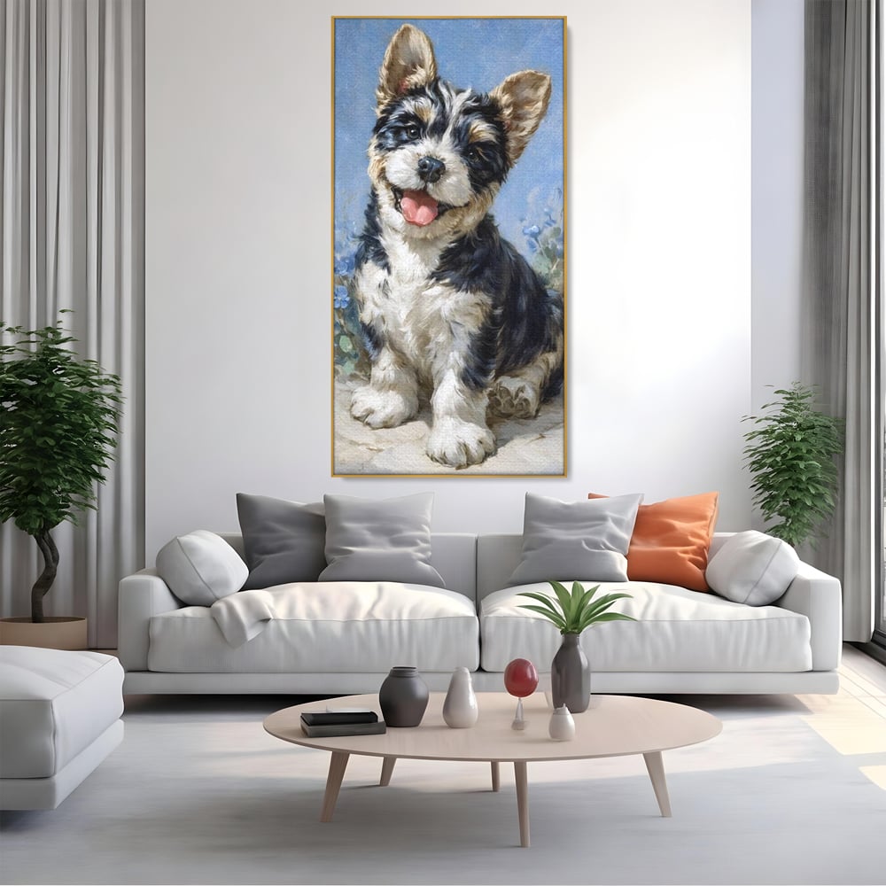 Tablou Canvas Premium, LuxCanva® M1276, Invitatie la Joaca, Zambet, Bucurie, Blanita, Prieten, Cuminte, Privire, Pictura, Flori, Catelus, Joaca, Birou, Living, Camera Copil