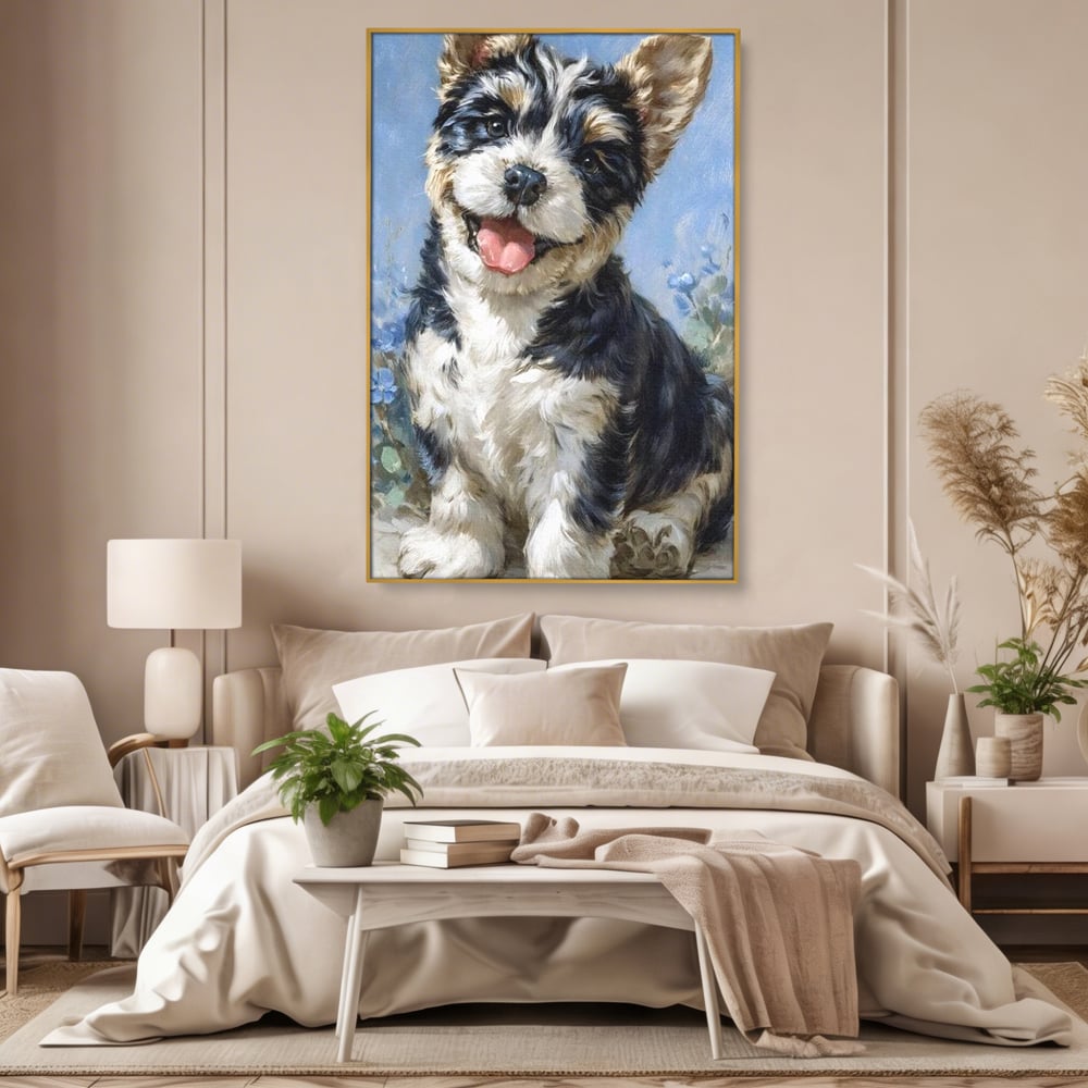 Tablou Canvas Premium, LuxCanva® M1276, Invitatie la Joaca, Zambet, Bucurie, Blanita, Prieten, Cuminte, Privire, Pictura, Flori, Catelus, Joaca, Birou, Living, Camera Copil