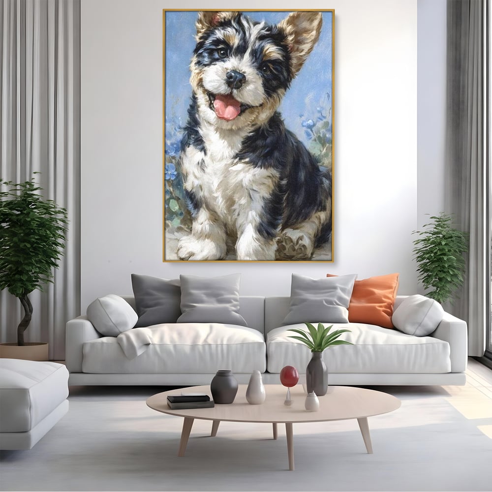 Tablou Canvas Premium, LuxCanva® M1276, Invitatie la Joaca, Zambet, Bucurie, Blanita, Prieten, Cuminte, Privire, Pictura, Flori, Catelus, Joaca, Birou, Living, Camera Copil