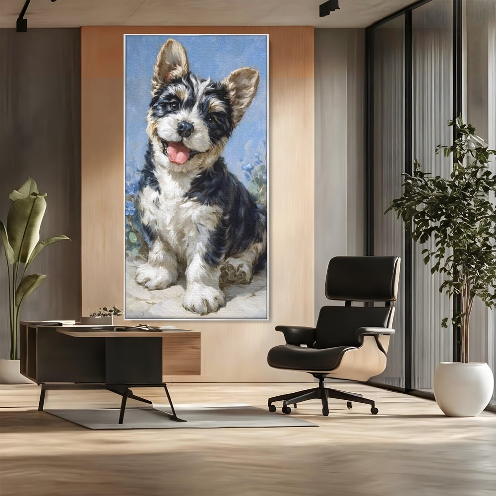 Tablou Canvas Premium, LuxCanva® M1276, Invitatie la Joaca, Zambet, Bucurie, Blanita, Prieten, Cuminte, Privire, Pictura, Flori, Catelus, Joaca, Birou, Living, Camera Copil