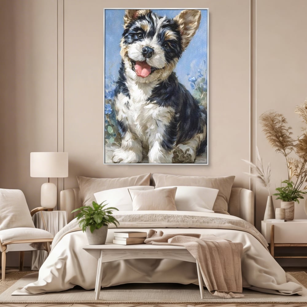 Tablou Canvas Premium, LuxCanva® M1276, Invitatie la Joaca, Zambet, Bucurie, Blanita, Prieten, Cuminte, Privire, Pictura, Flori, Catelus, Joaca, Birou, Living, Camera Copil