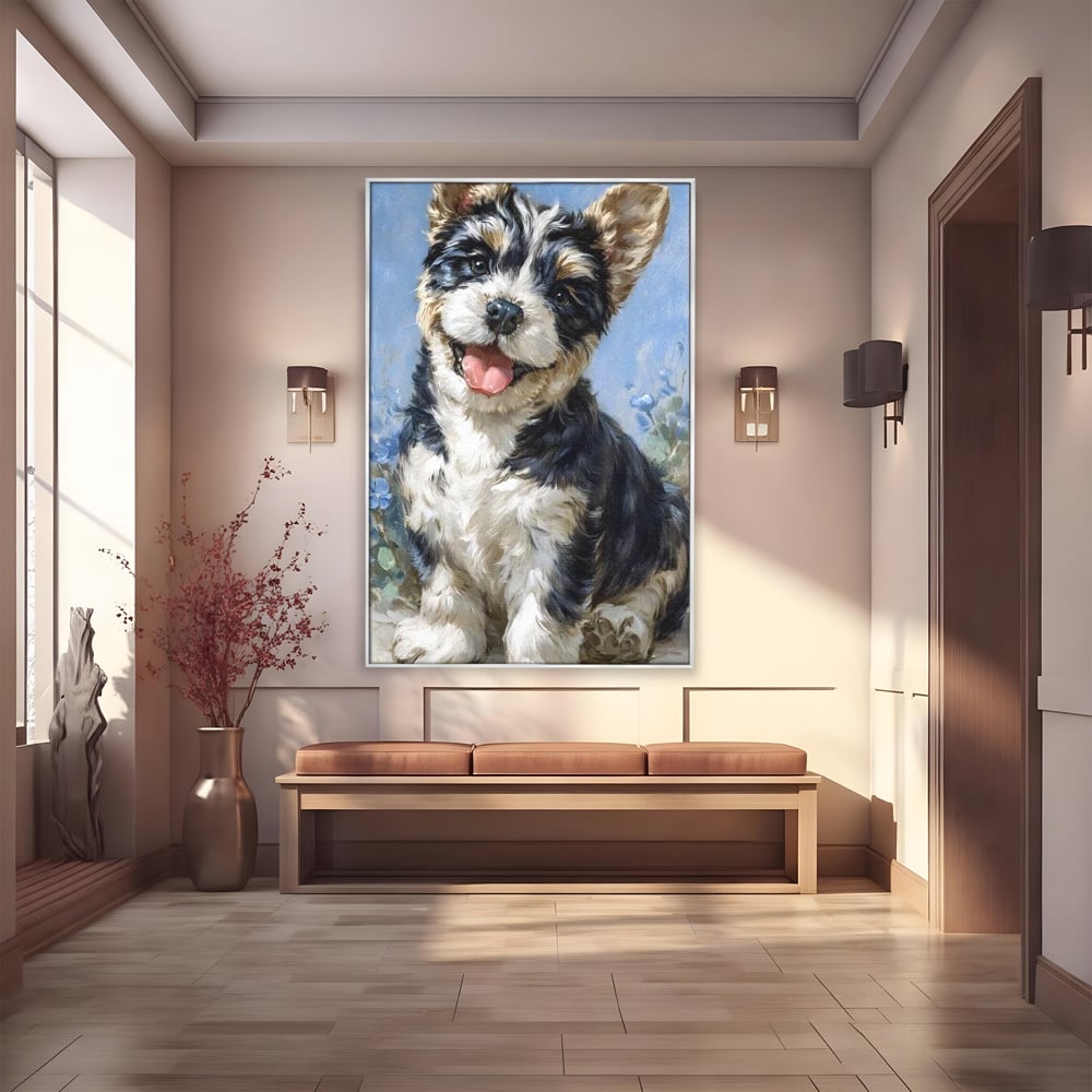 Tablou Canvas Premium, LuxCanva® M1276, Invitatie la Joaca, Zambet, Bucurie, Blanita, Prieten, Cuminte, Privire, Pictura, Flori, Catelus, Joaca, Birou, Living, Camera Copil