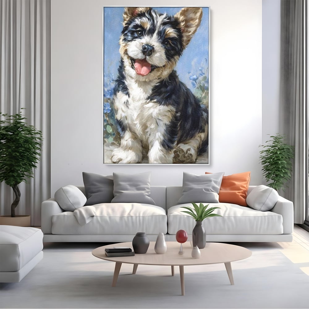 Tablou Canvas Premium, LuxCanva® M1276, Invitatie la Joaca, Zambet, Bucurie, Blanita, Prieten, Cuminte, Privire, Pictura, Flori, Catelus, Joaca, Birou, Living, Camera Copil
