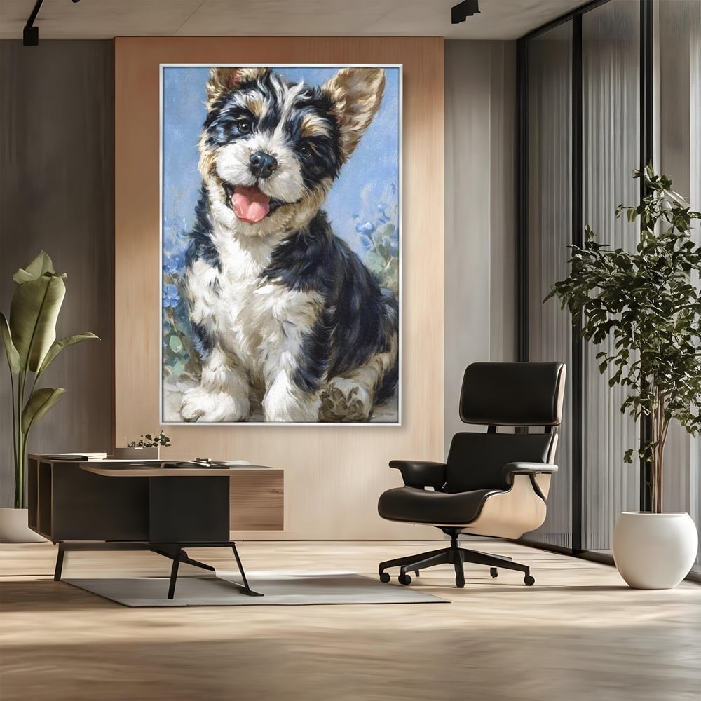 Tablou Canvas Premium, LuxCanva® M1276, Invitatie la Joaca, Zambet, Bucurie, Blanita, Prieten, Cuminte, Privire, Pictura, Flori, Catelus, Joaca, Birou, Living, Camera Copil