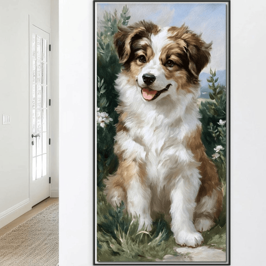 Tablou Canvas Premium LuxCanva® M1277 "Amic de Poveste" prezintă un cățel prietenos și vesel, în grădină, portret colorat pe pânză bumbac, decor ideal pentru birou, living sau camera copilului.