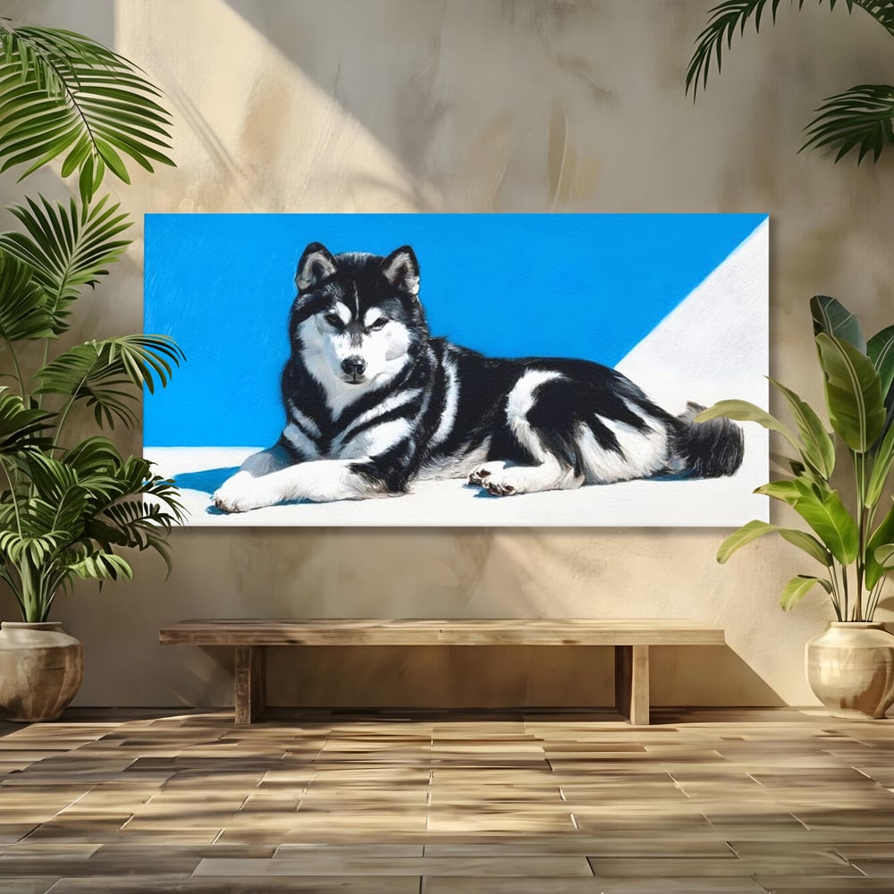 Leinwand Wandbild Leinwand Premium, LuxCanva® M1278, Ein pelziger Husky, Gemütlich, Hund, Husky, Haushund, Husky, nordisch, Blau, Entspannend, Leicht, Elegant, Schön, Büro, Wohnen, Kinderzimmer