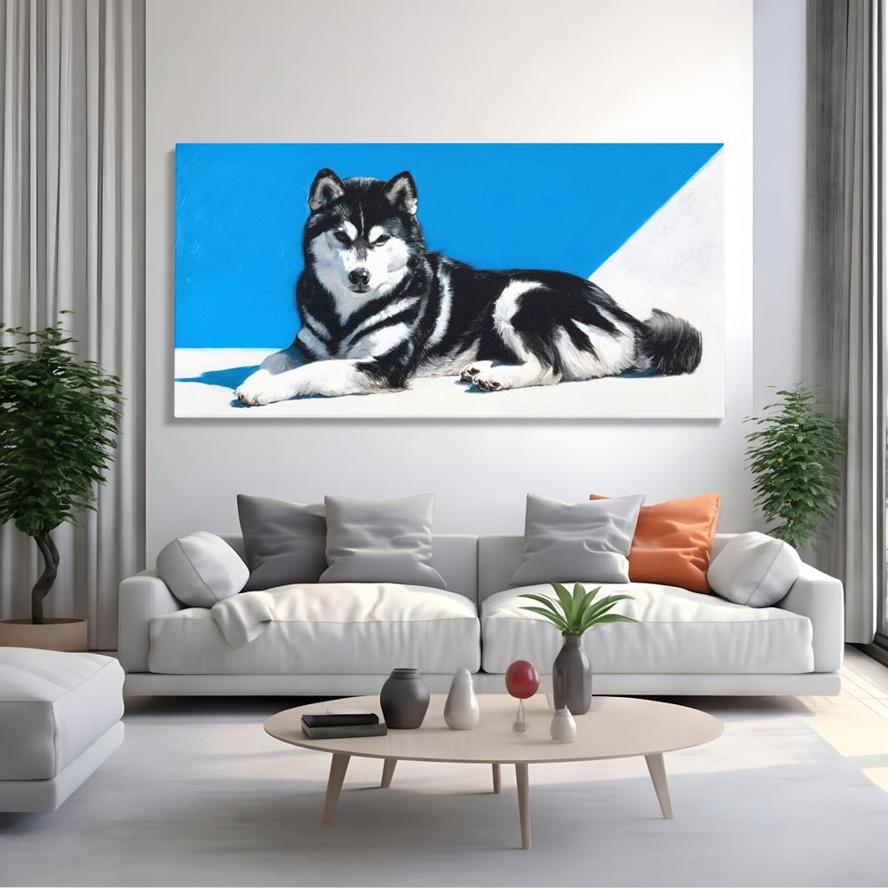 Leinwand Wandbild Leinwand Premium, LuxCanva® M1278, Ein pelziger Husky, Gemütlich, Hund, Husky, Haushund, Husky, nordisch, Blau, Entspannend, Leicht, Elegant, Schön, Büro, Wohnen, Kinderzimmer