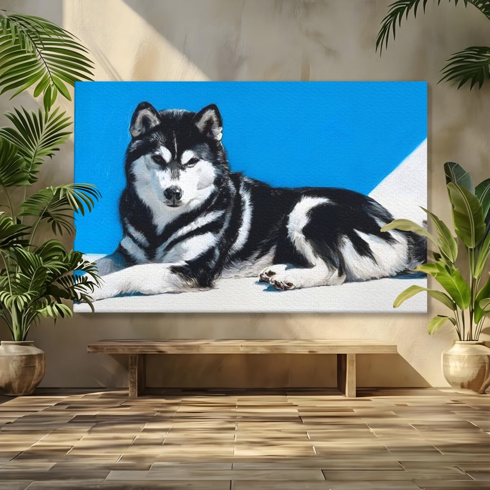 Leinwand Wandbild Leinwand Premium, LuxCanva® M1278, Ein pelziger Husky, Gemütlich, Hund, Husky, Haushund, Husky, nordisch, Blau, Entspannend, Leicht, Elegant, Schön, Büro, Wohnen, Kinderzimmer