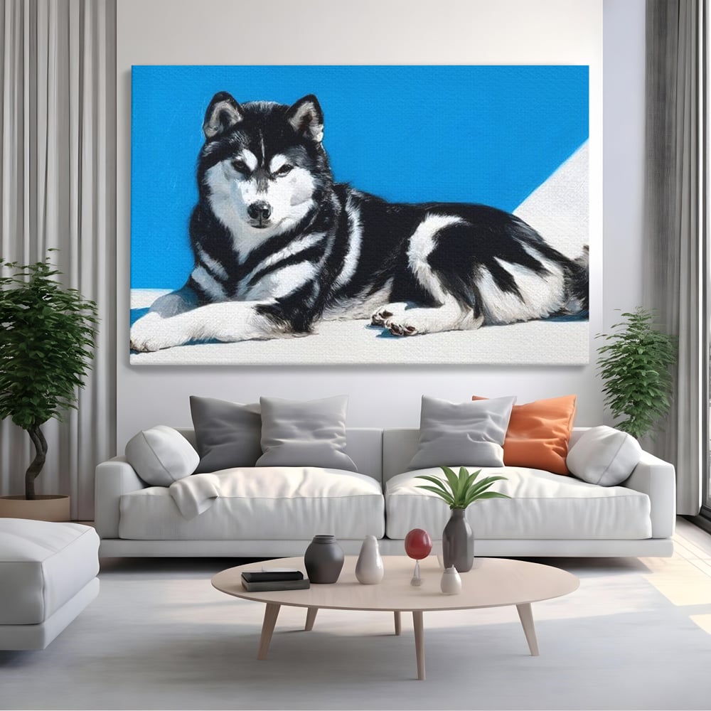 Leinwand Wandbild Leinwand Premium, LuxCanva® M1278, Ein pelziger Husky, Gemütlich, Hund, Husky, Haushund, Husky, nordisch, Blau, Entspannend, Leicht, Elegant, Schön, Büro, Wohnen, Kinderzimmer