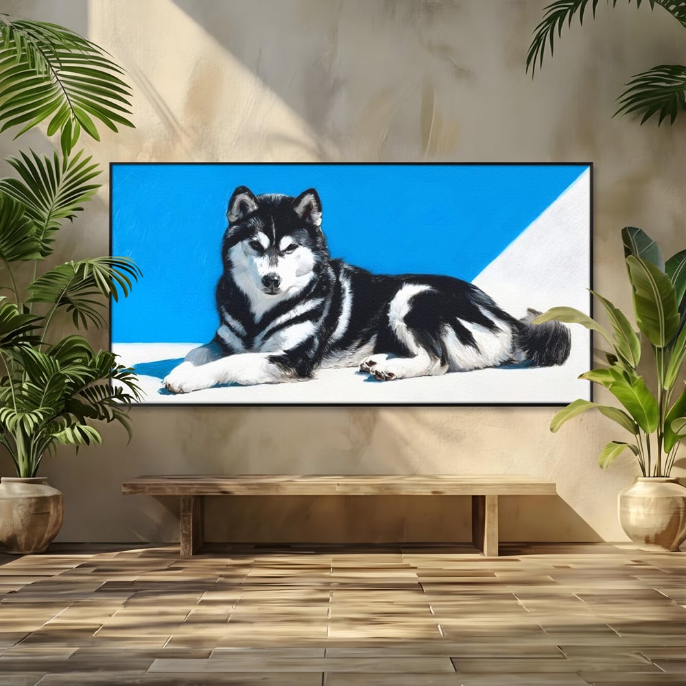 Leinwand Wandbild Leinwand Premium, LuxCanva® M1278, Ein pelziger Husky, Gemütlich, Hund, Husky, Haushund, Husky, nordisch, Blau, Entspannend, Leicht, Elegant, Schön, Büro, Wohnen, Kinderzimmer