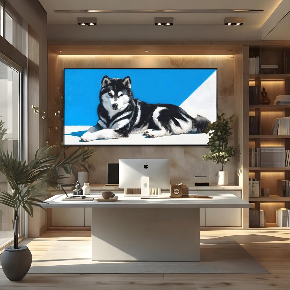 Leinwand Wandbild Leinwand Premium, LuxCanva® M1278, Ein pelziger Husky, Gemütlich, Hund, Husky, Haushund, Husky, nordisch, Blau, Entspannend, Leicht, Elegant, Schön, Büro, Wohnen, Kinderzimmer
