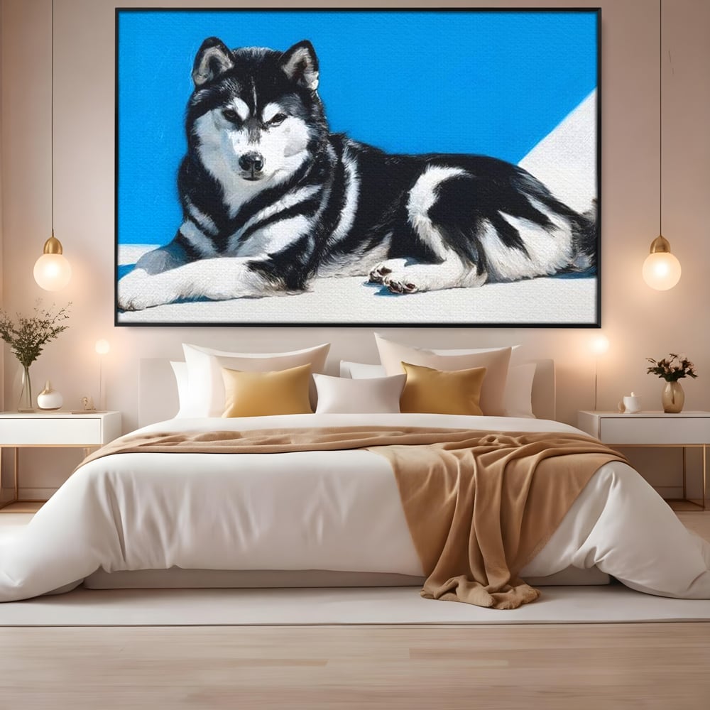Leinwand Wandbild Leinwand Premium, LuxCanva® M1278, Ein pelziger Husky, Gemütlich, Hund, Husky, Haushund, Husky, nordisch, Blau, Entspannend, Leicht, Elegant, Schön, Büro, Wohnen, Kinderzimmer