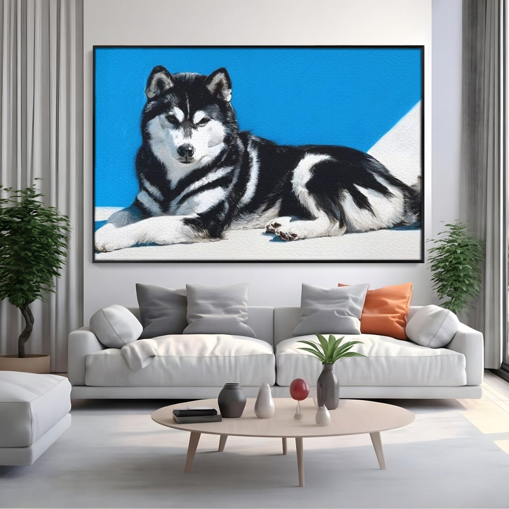 Leinwand Wandbild Leinwand Premium, LuxCanva® M1278, Ein pelziger Husky, Gemütlich, Hund, Husky, Haushund, Husky, nordisch, Blau, Entspannend, Leicht, Elegant, Schön, Büro, Wohnen, Kinderzimmer