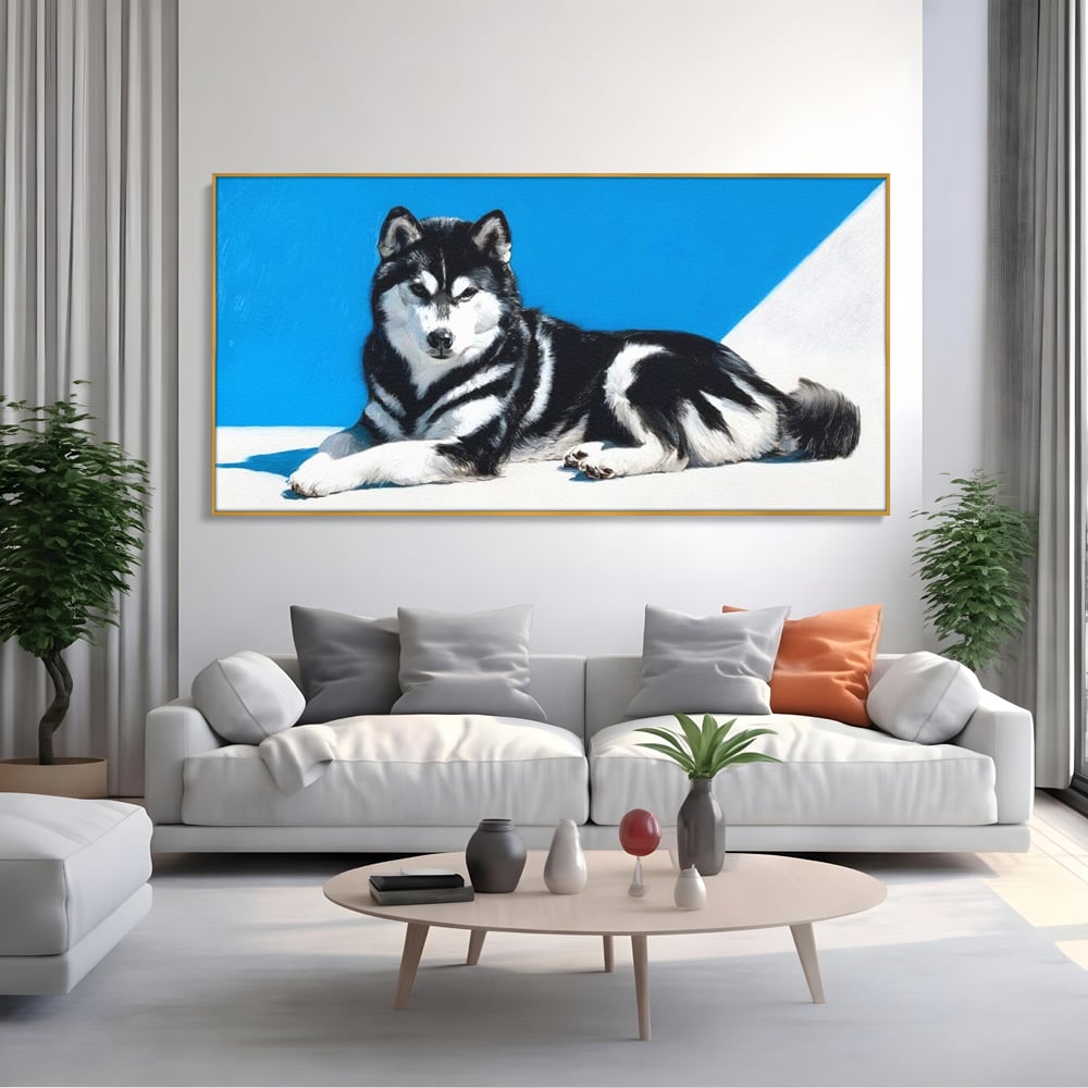 Leinwand Wandbild Leinwand Premium, LuxCanva® M1278, Ein pelziger Husky, Gemütlich, Hund, Husky, Haushund, Husky, nordisch, Blau, Entspannend, Leicht, Elegant, Schön, Büro, Wohnen, Kinderzimmer