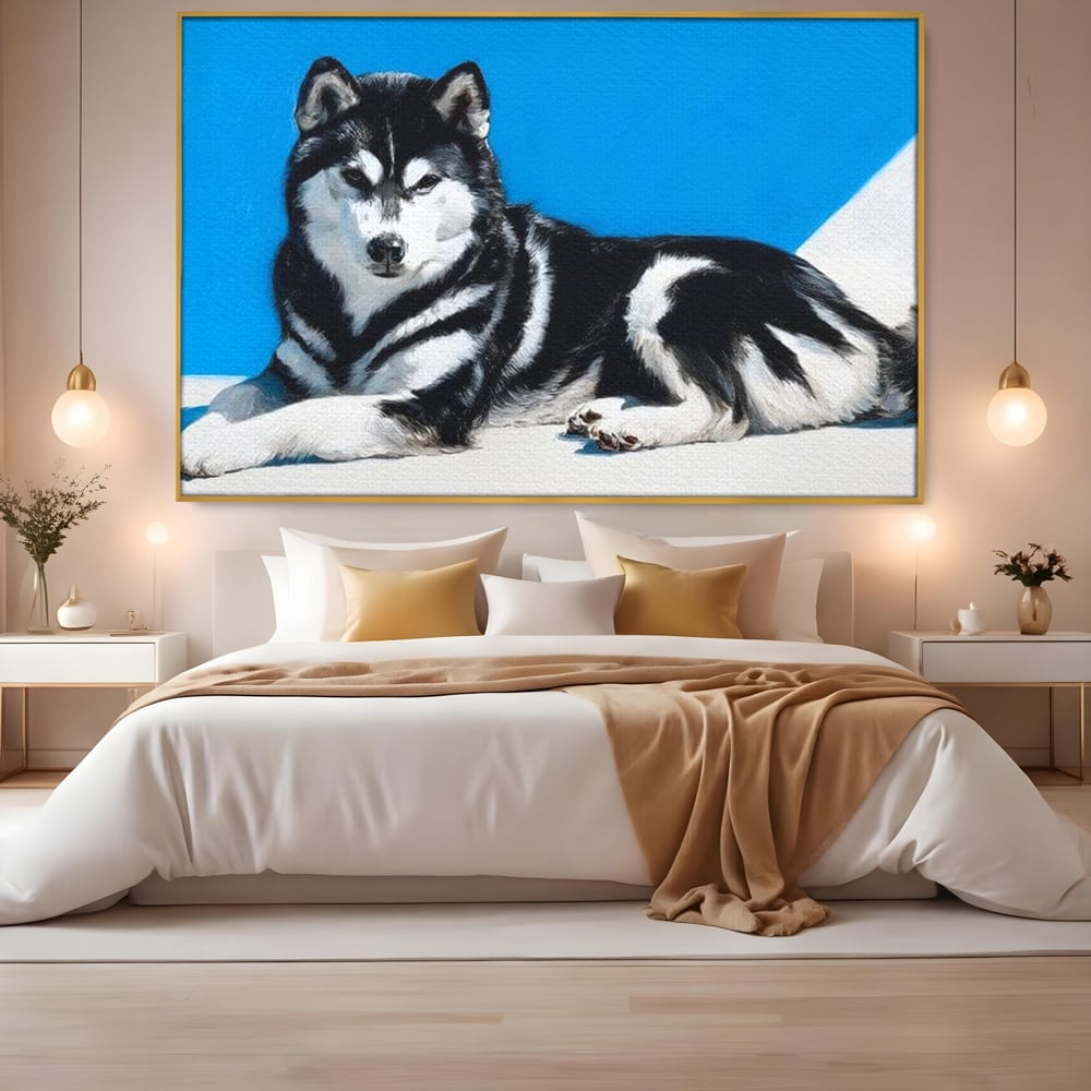 Leinwand Wandbild Leinwand Premium, LuxCanva® M1278, Ein pelziger Husky, Gemütlich, Hund, Husky, Haushund, Husky, nordisch, Blau, Entspannend, Leicht, Elegant, Schön, Büro, Wohnen, Kinderzimmer