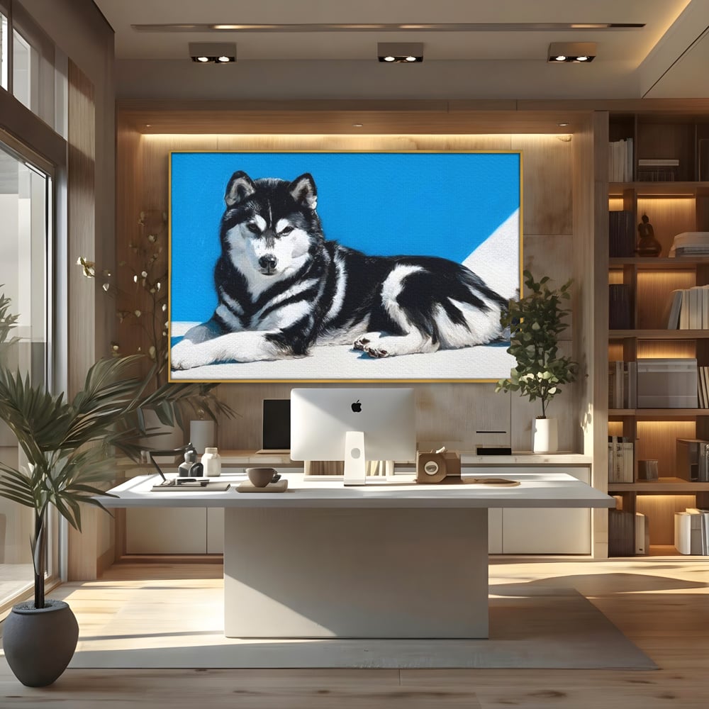 Leinwand Wandbild Leinwand Premium, LuxCanva® M1278, Ein pelziger Husky, Gemütlich, Hund, Husky, Haushund, Husky, nordisch, Blau, Entspannend, Leicht, Elegant, Schön, Büro, Wohnen, Kinderzimmer
