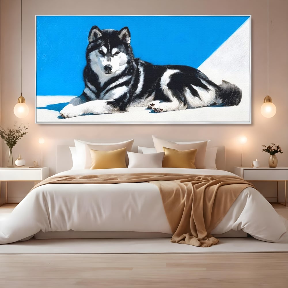 Leinwand Wandbild Leinwand Premium, LuxCanva® M1278, Ein pelziger Husky, Gemütlich, Hund, Husky, Haushund, Husky, nordisch, Blau, Entspannend, Leicht, Elegant, Schön, Büro, Wohnen, Kinderzimmer