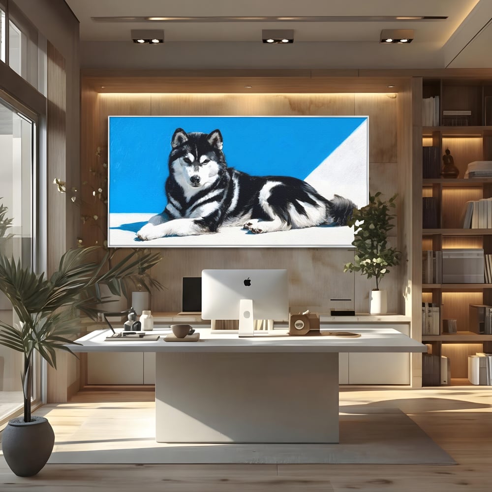 Leinwand Wandbild Leinwand Premium, LuxCanva® M1278, Ein pelziger Husky, Gemütlich, Hund, Husky, Haushund, Husky, nordisch, Blau, Entspannend, Leicht, Elegant, Schön, Büro, Wohnen, Kinderzimmer