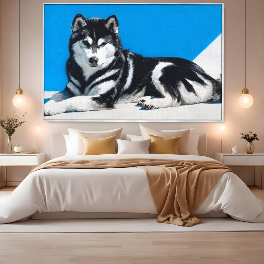 Leinwand Wandbild Leinwand Premium, LuxCanva® M1278, Ein pelziger Husky, Gemütlich, Hund, Husky, Haushund, Husky, nordisch, Blau, Entspannend, Leicht, Elegant, Schön, Büro, Wohnen, Kinderzimmer