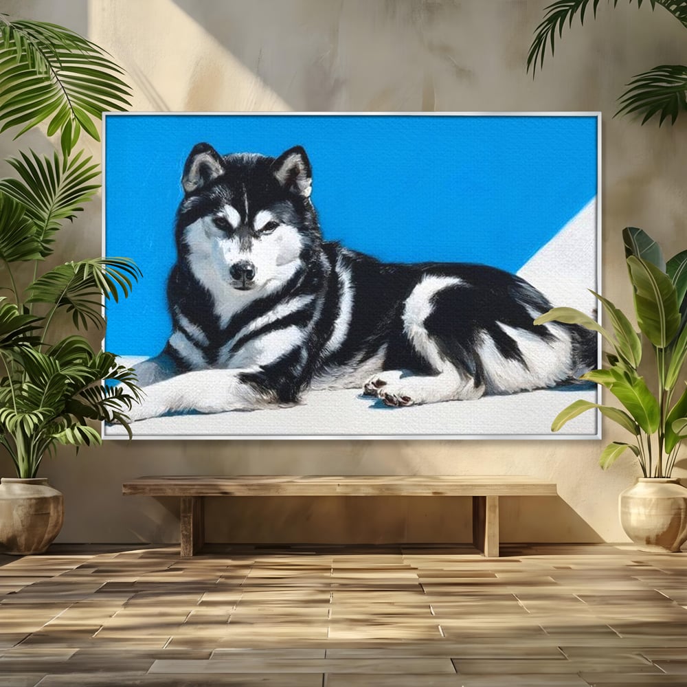 Leinwand Wandbild Leinwand Premium, LuxCanva® M1278, Ein pelziger Husky, Gemütlich, Hund, Husky, Haushund, Husky, nordisch, Blau, Entspannend, Leicht, Elegant, Schön, Büro, Wohnen, Kinderzimmer
