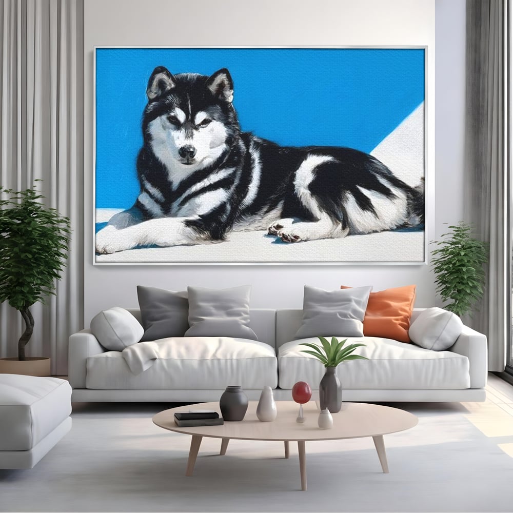 Leinwand Wandbild Leinwand Premium, LuxCanva® M1278, Ein pelziger Husky, Gemütlich, Hund, Husky, Haushund, Husky, nordisch, Blau, Entspannend, Leicht, Elegant, Schön, Büro, Wohnen, Kinderzimmer
