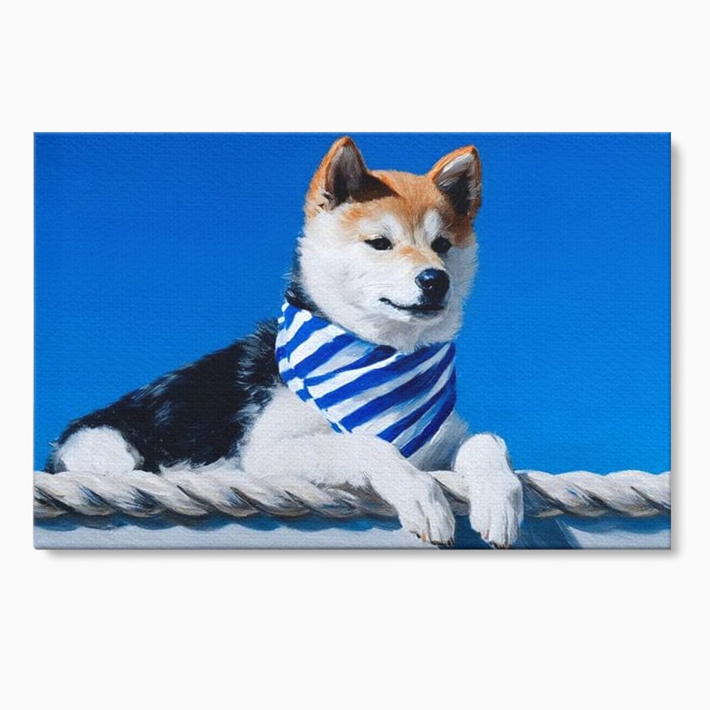 Tablou Canvas Premium, LuxCanva® M1279, In Briza Oceanului, Nautic, Marinar, Esarfa, Albastru, Caine, Shiba, Aventura, Relaxare, Franghie, Calatorie, Blanita, Birou, Living, Camera Copil