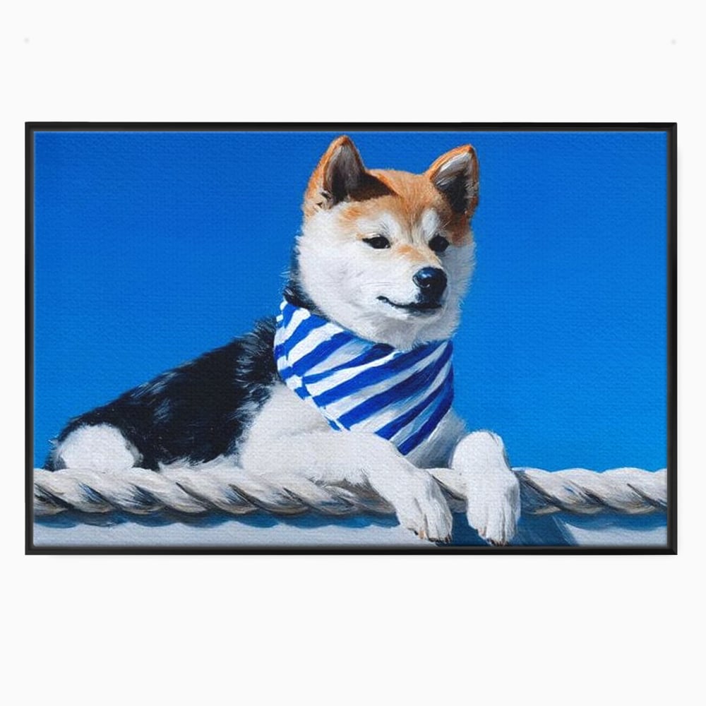 Tablou Canvas Premium, LuxCanva® M1279, In Briza Oceanului, Nautic, Marinar, Esarfa, Albastru, Caine, Shiba, Aventura, Relaxare, Franghie, Calatorie, Blanita, Birou, Living, Camera Copil