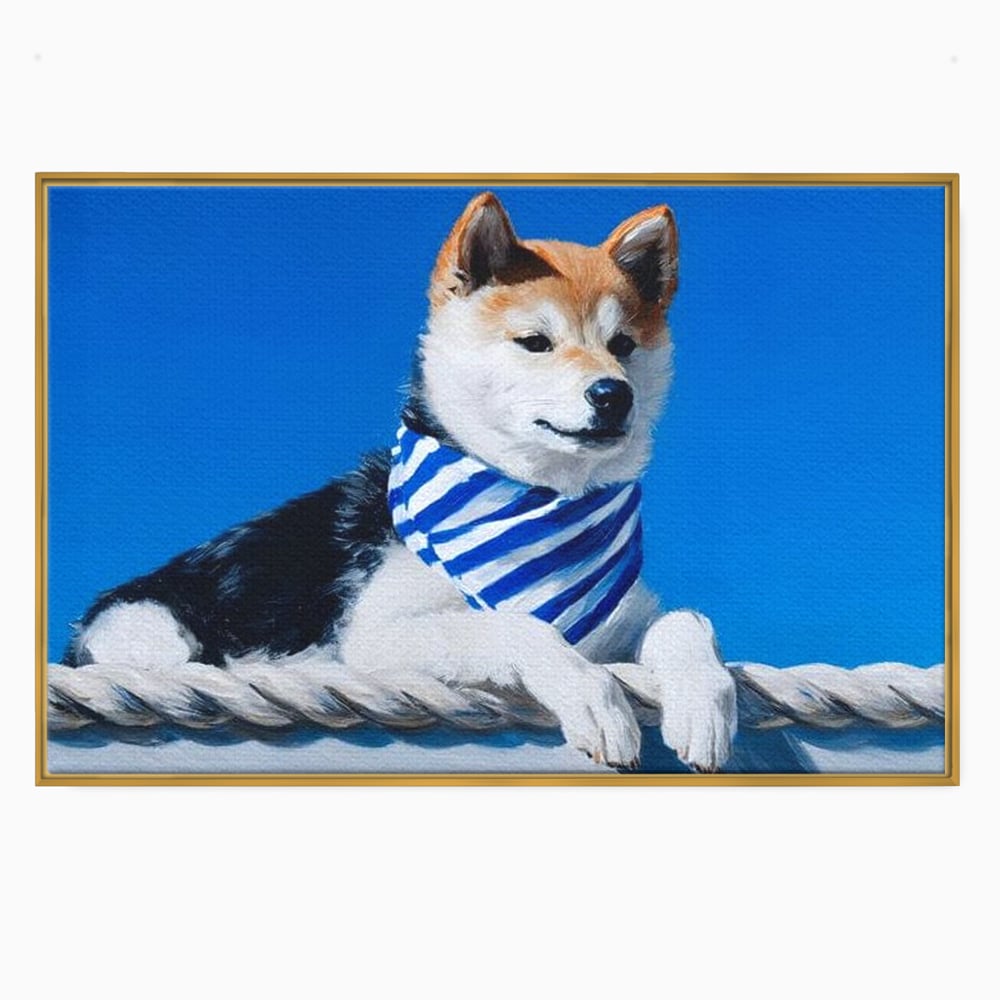 Tablou Canvas Premium, LuxCanva® M1279, In Briza Oceanului, Nautic, Marinar, Esarfa, Albastru, Caine, Shiba, Aventura, Relaxare, Franghie, Calatorie, Blanita, Birou, Living, Camera Copil