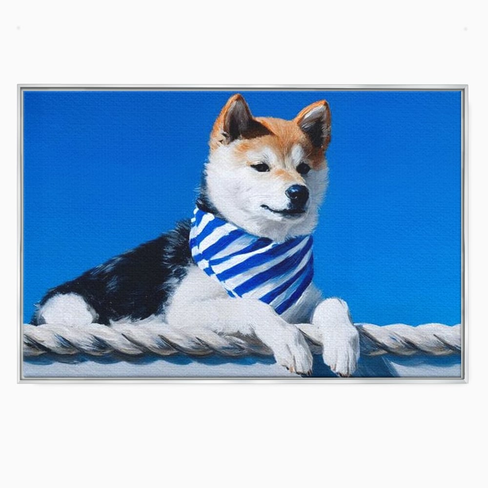Tablou Canvas Premium, LuxCanva® M1279, In Briza Oceanului, Nautic, Marinar, Esarfa, Albastru, Caine, Shiba, Aventura, Relaxare, Franghie, Calatorie, Blanita, Birou, Living, Camera Copil