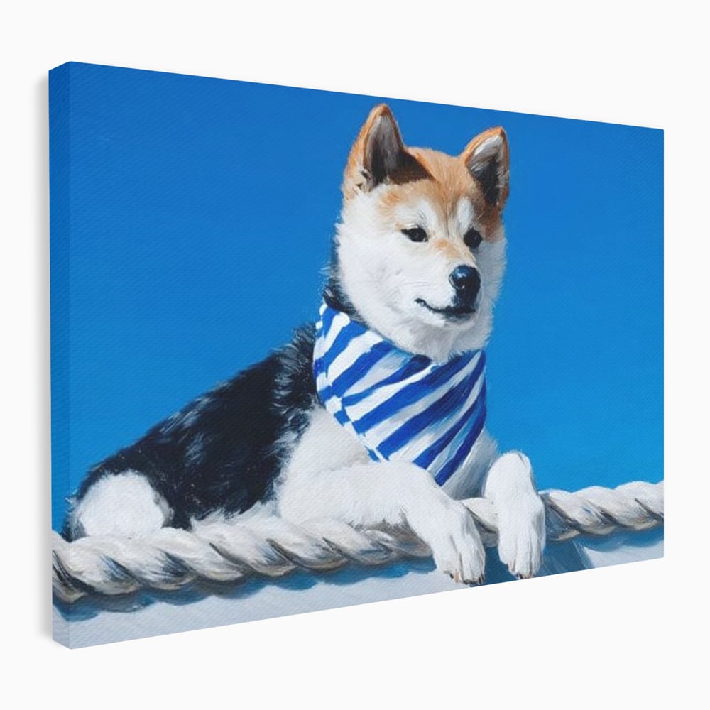 Tablou Canvas Premium, LuxCanva® M1279, In Briza Oceanului, Nautic, Marinar, Esarfa, Albastru, Caine, Shiba, Aventura, Relaxare, Franghie, Calatorie, Blanita, Birou, Living, Camera Copil