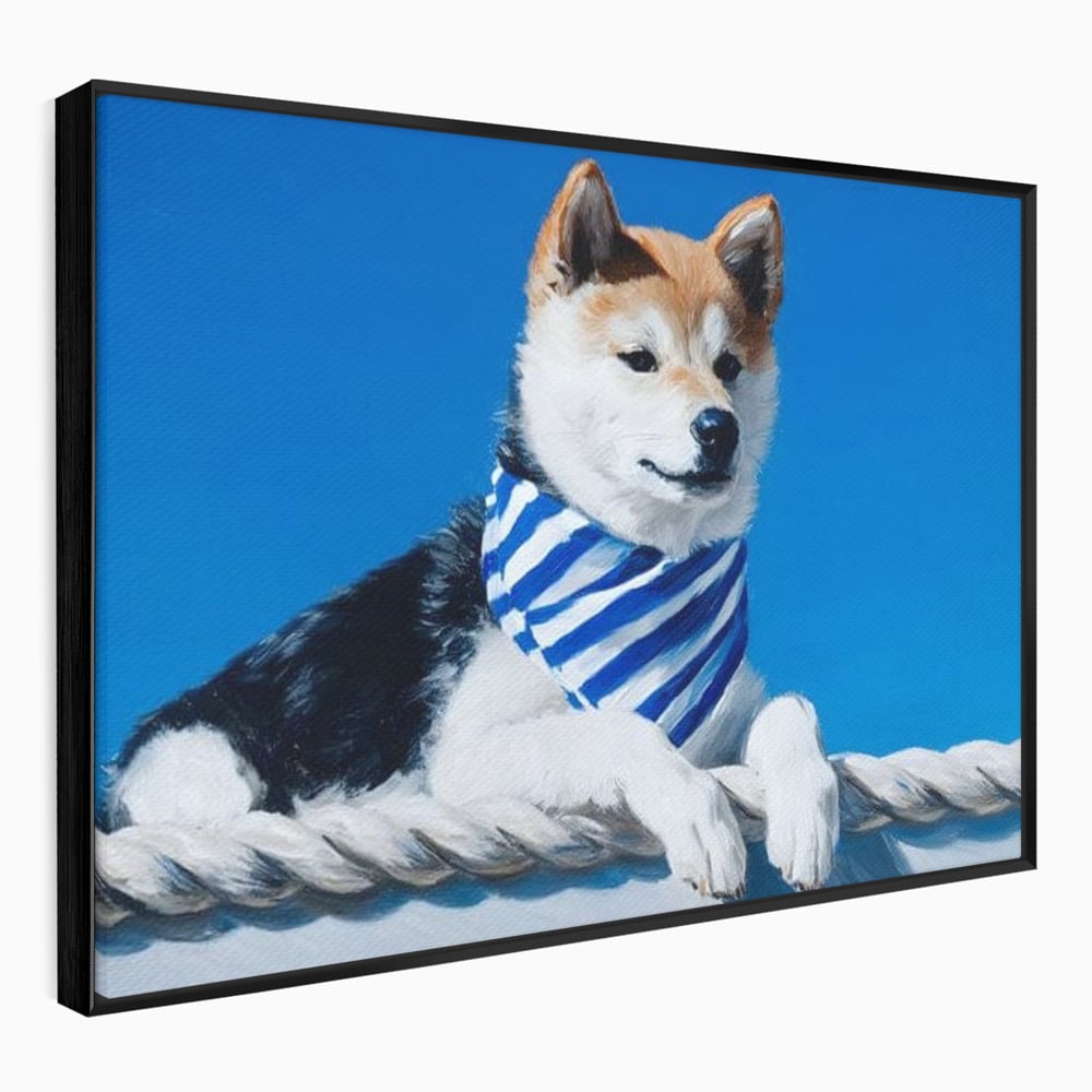 Tablou Canvas Premium, LuxCanva® M1279, In Briza Oceanului, Nautic, Marinar, Esarfa, Albastru, Caine, Shiba, Aventura, Relaxare, Franghie, Calatorie, Blanita, Birou, Living, Camera Copil