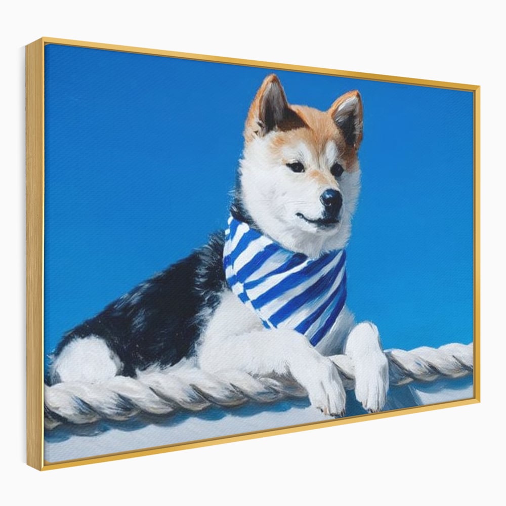 Tablou Canvas Premium, LuxCanva® M1279, In Briza Oceanului, Nautic, Marinar, Esarfa, Albastru, Caine, Shiba, Aventura, Relaxare, Franghie, Calatorie, Blanita, Birou, Living, Camera Copil