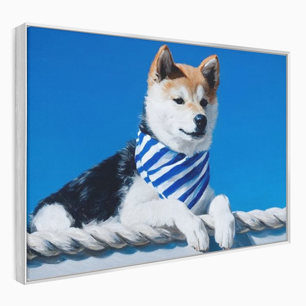 Tablou Canvas Premium, LuxCanva® M1279, In Briza Oceanului, Nautic, Marinar, Esarfa, Albastru, Caine, Shiba, Aventura, Relaxare, Franghie, Calatorie, Blanita, Birou, Living, Camera Copil