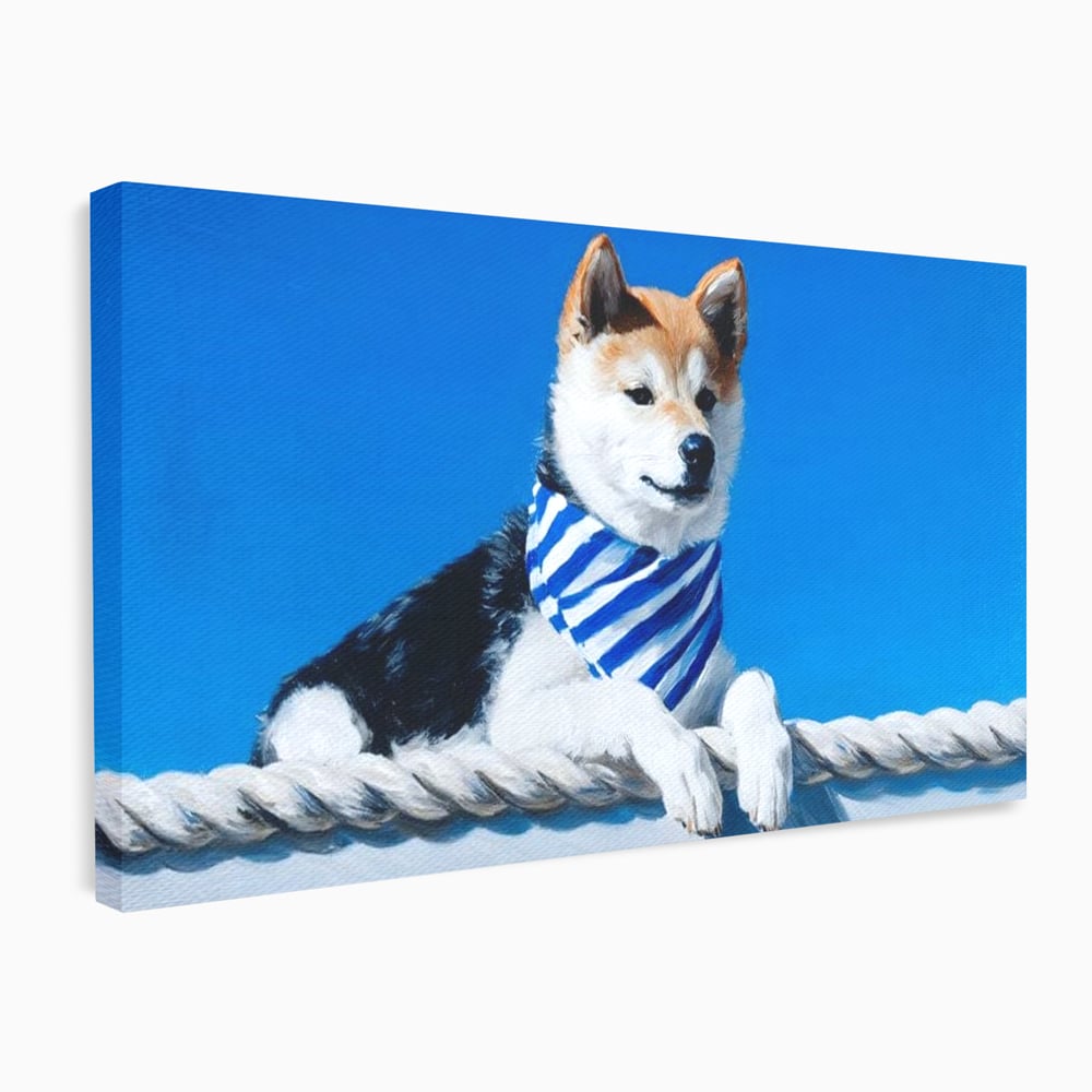 Tablou Canvas Premium, LuxCanva® M1279, In Briza Oceanului, Nautic, Marinar, Esarfa, Albastru, Caine, Shiba, Aventura, Relaxare, Franghie, Calatorie, Blanita, Birou, Living, Camera Copil