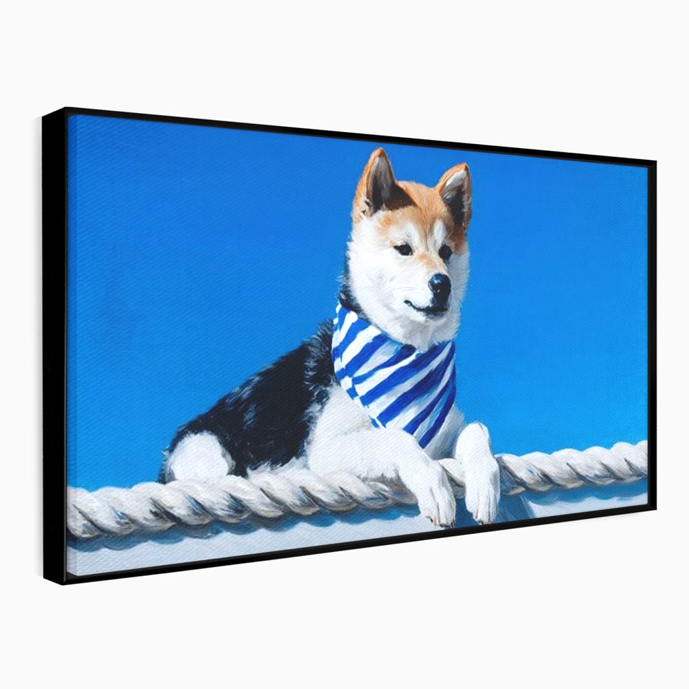 Tablou Canvas Premium, LuxCanva® M1279, In Briza Oceanului, Nautic, Marinar, Esarfa, Albastru, Caine, Shiba, Aventura, Relaxare, Franghie, Calatorie, Blanita, Birou, Living, Camera Copil