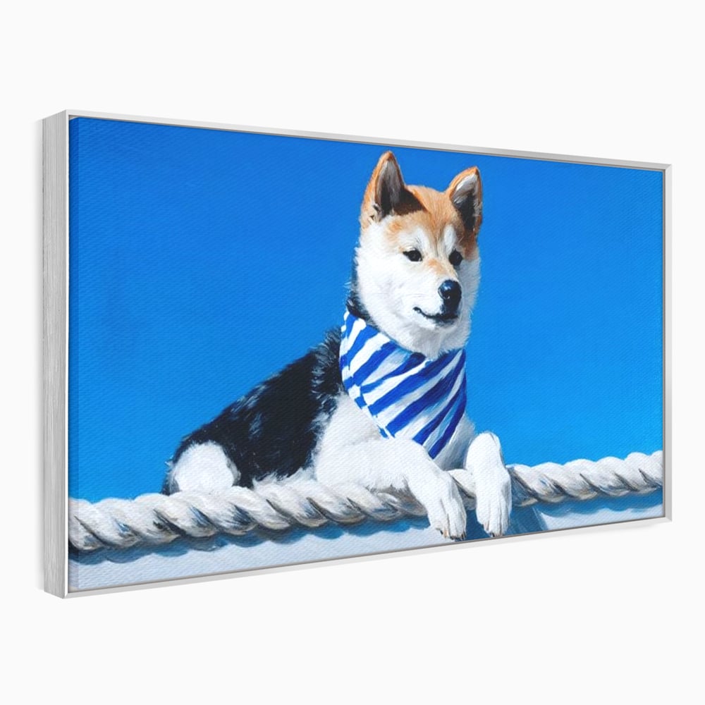 Tablou Canvas Premium, LuxCanva® M1279, In Briza Oceanului, Nautic, Marinar, Esarfa, Albastru, Caine, Shiba, Aventura, Relaxare, Franghie, Calatorie, Blanita, Birou, Living, Camera Copil
