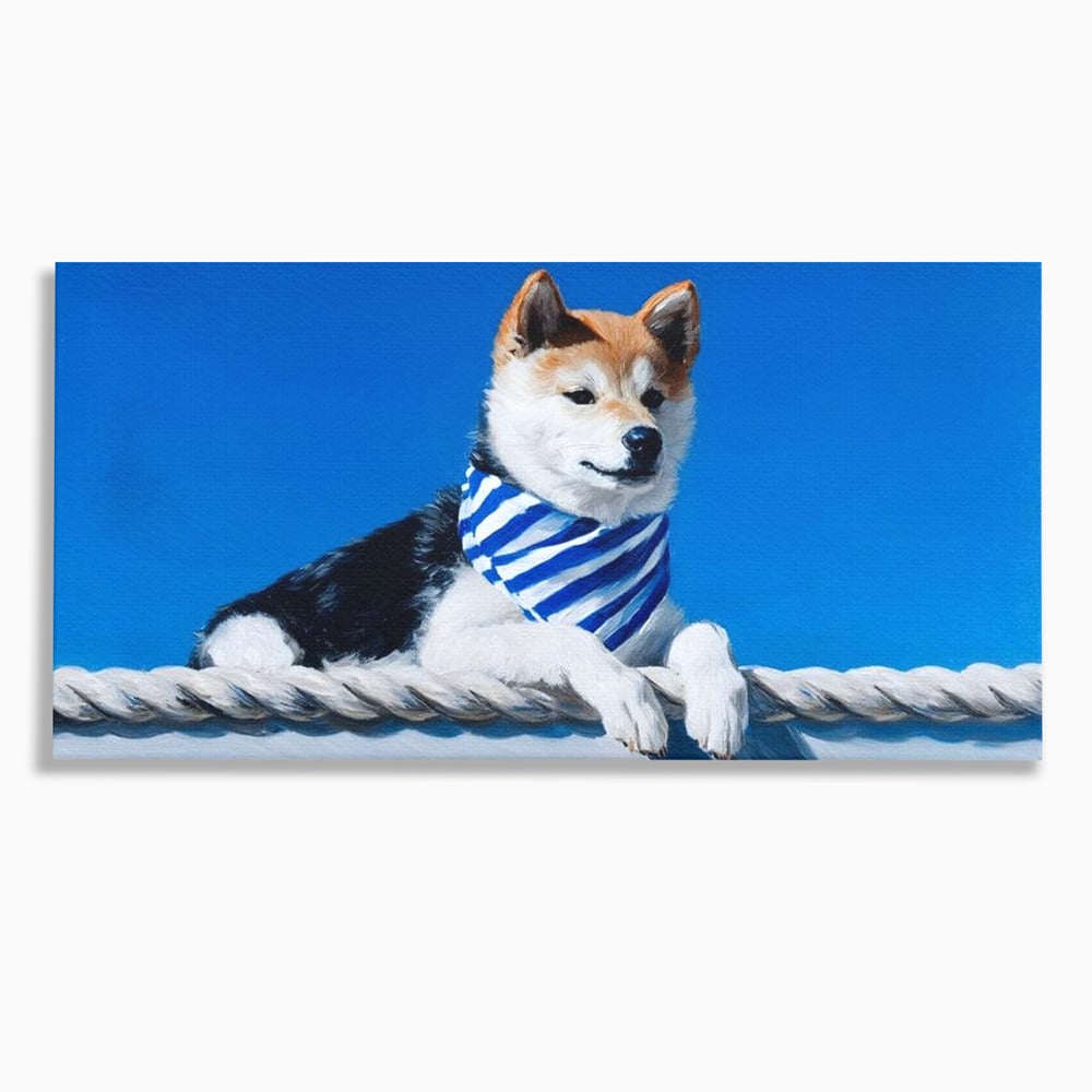 Tablou Canvas Premium, LuxCanva® M1279, In Briza Oceanului, Nautic, Marinar, Esarfa, Albastru, Caine, Shiba, Aventura, Relaxare, Franghie, Calatorie, Blanita, Birou, Living, Camera Copil