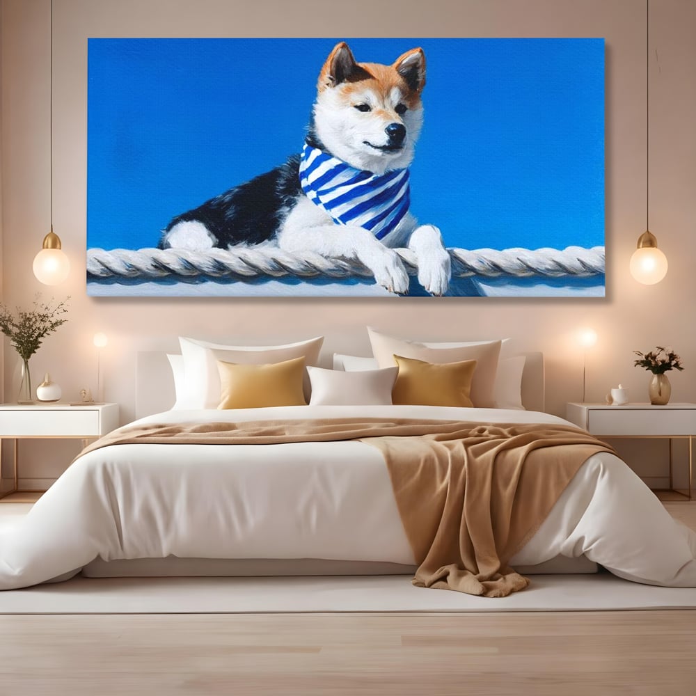 Tablou Canvas Premium, LuxCanva® M1279, In Briza Oceanului, Nautic, Marinar, Esarfa, Albastru, Caine, Shiba, Aventura, Relaxare, Franghie, Calatorie, Blanita, Birou, Living, Camera Copil