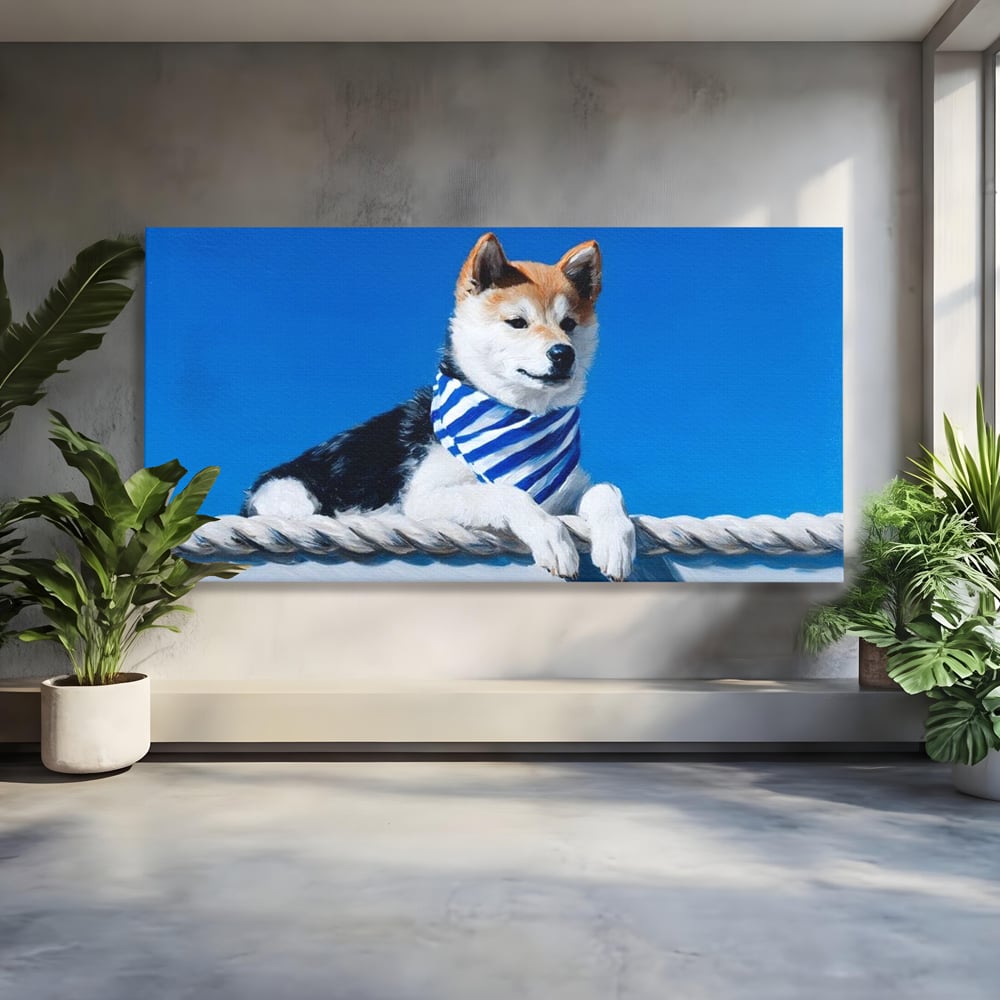 Tablou Canvas Premium, LuxCanva® M1279, In Briza Oceanului, Nautic, Marinar, Esarfa, Albastru, Caine, Shiba, Aventura, Relaxare, Franghie, Calatorie, Blanita, Birou, Living, Camera Copil