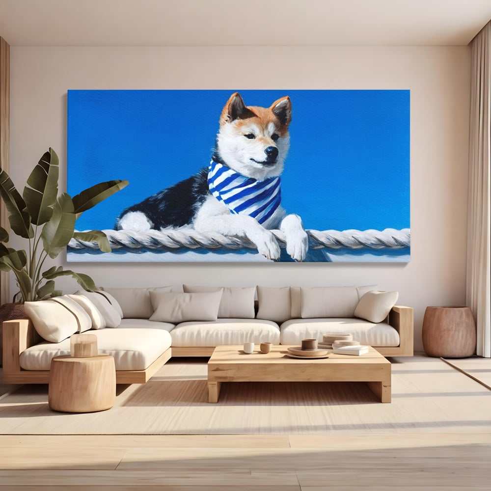 Tablou Canvas Premium, LuxCanva® M1279, In Briza Oceanului, Nautic, Marinar, Esarfa, Albastru, Caine, Shiba, Aventura, Relaxare, Franghie, Calatorie, Blanita, Birou, Living, Camera Copil