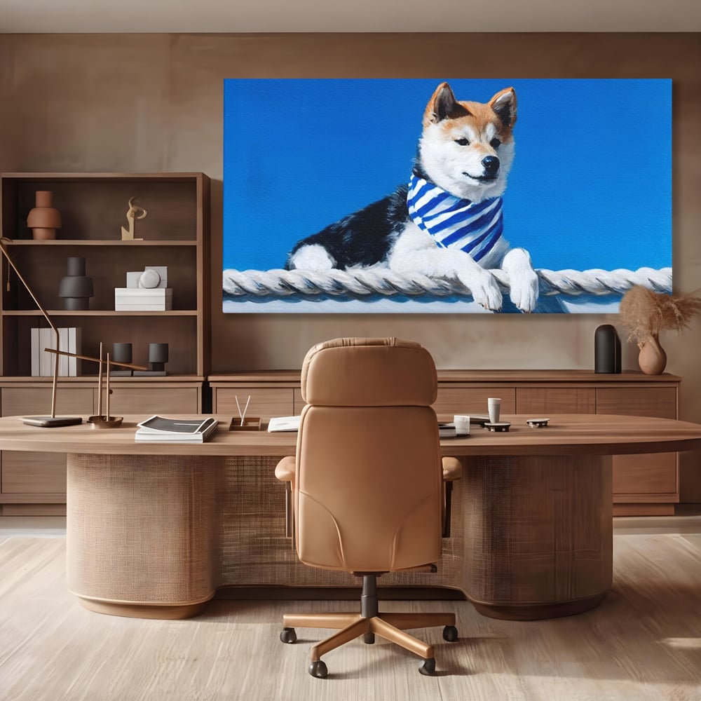 Tablou Canvas Premium, LuxCanva® M1279, In Briza Oceanului, Nautic, Marinar, Esarfa, Albastru, Caine, Shiba, Aventura, Relaxare, Franghie, Calatorie, Blanita, Birou, Living, Camera Copil