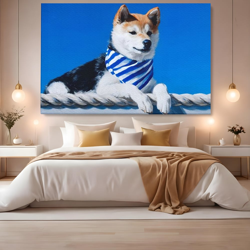 Tablou Canvas Premium, LuxCanva® M1279, In Briza Oceanului, Nautic, Marinar, Esarfa, Albastru, Caine, Shiba, Aventura, Relaxare, Franghie, Calatorie, Blanita, Birou, Living, Camera Copil