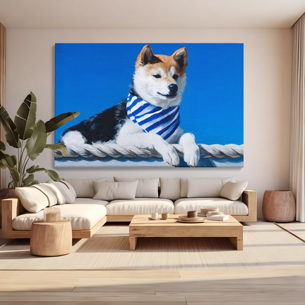 Tablou Canvas Premium, LuxCanva® M1279, In Briza Oceanului, Nautic, Marinar, Esarfa, Albastru, Caine, Shiba, Aventura, Relaxare, Franghie, Calatorie, Blanita, Birou, Living, Camera Copil