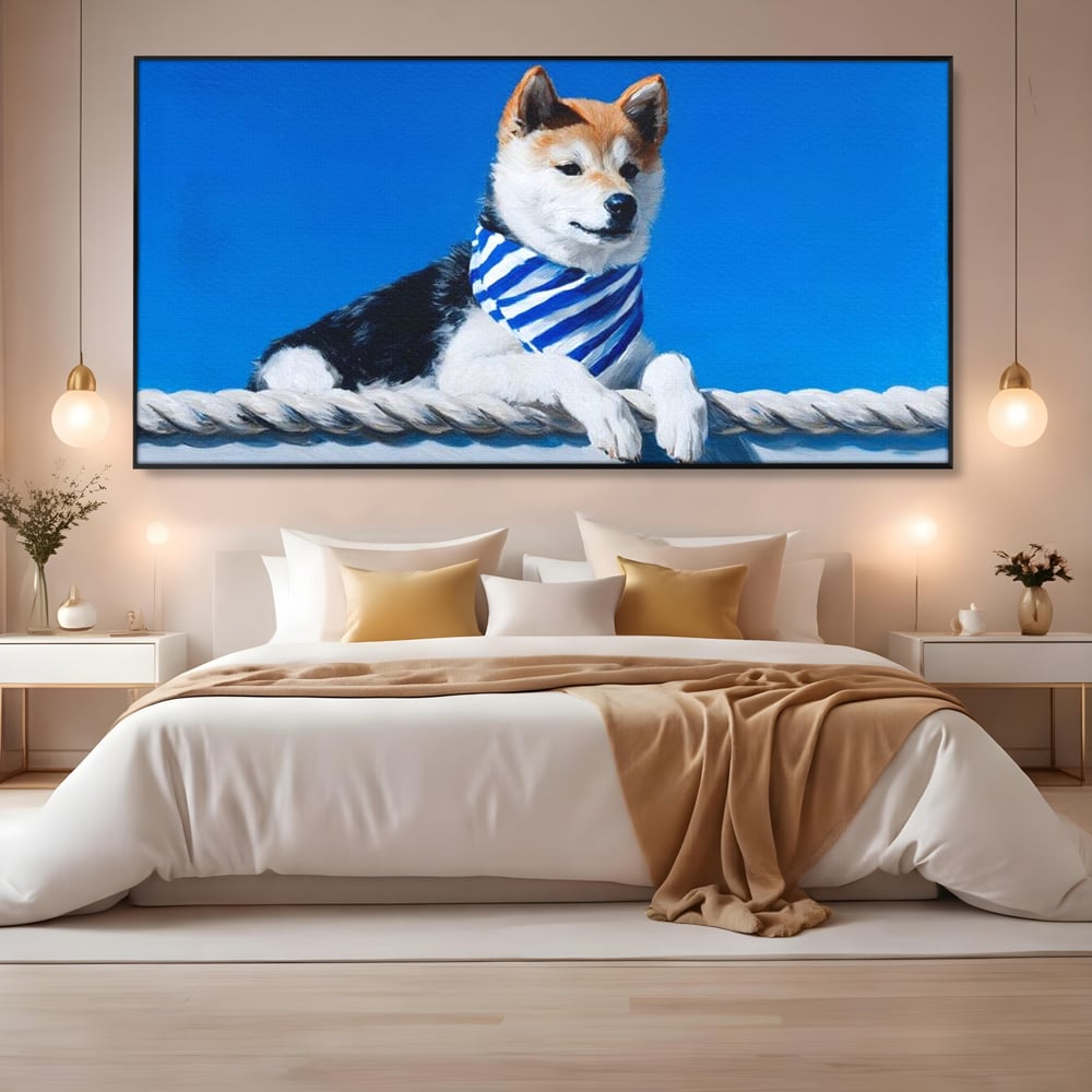 Tablou Canvas Premium, LuxCanva® M1279, In Briza Oceanului, Nautic, Marinar, Esarfa, Albastru, Caine, Shiba, Aventura, Relaxare, Franghie, Calatorie, Blanita, Birou, Living, Camera Copil