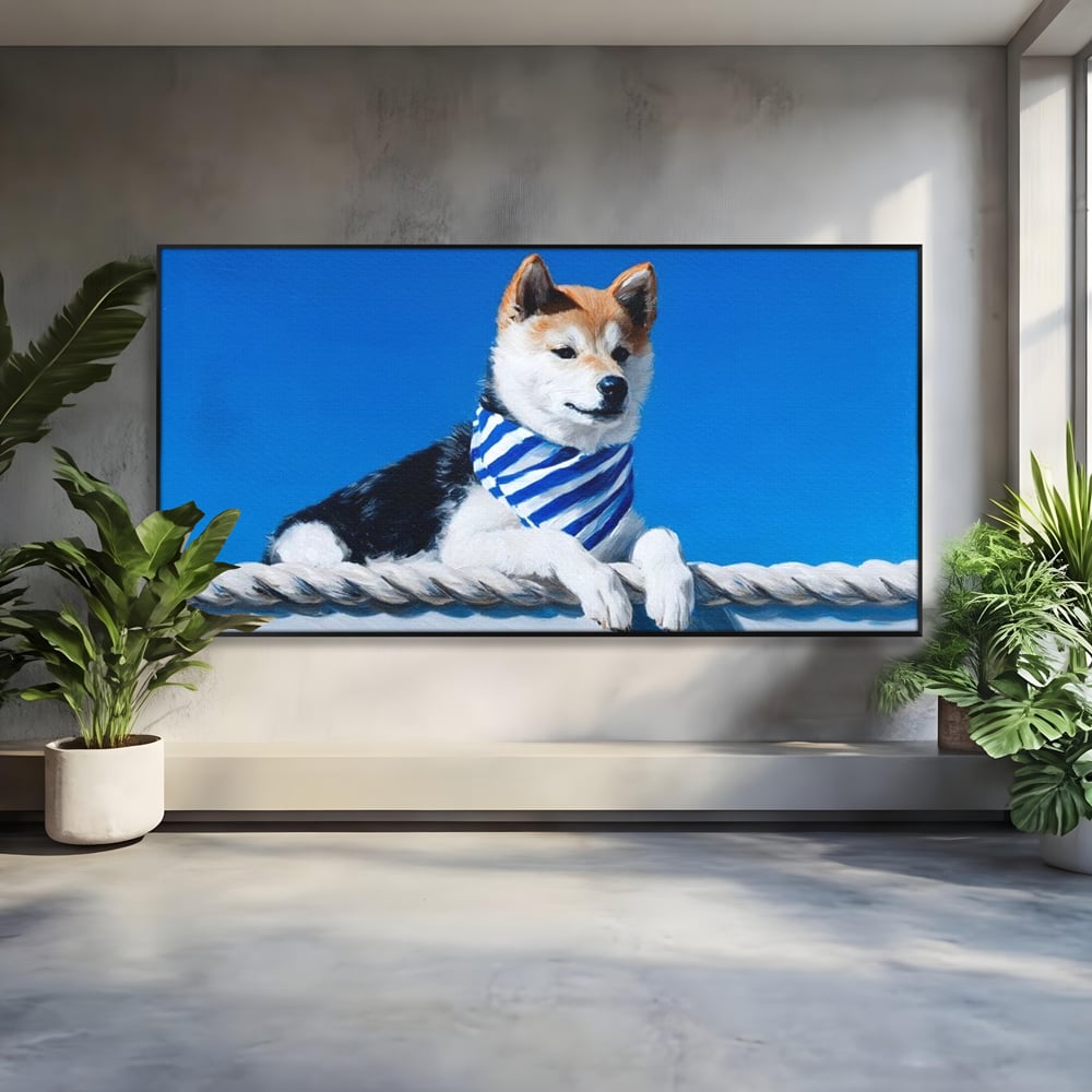 Tablou Canvas Premium, LuxCanva® M1279, In Briza Oceanului, Nautic, Marinar, Esarfa, Albastru, Caine, Shiba, Aventura, Relaxare, Franghie, Calatorie, Blanita, Birou, Living, Camera Copil